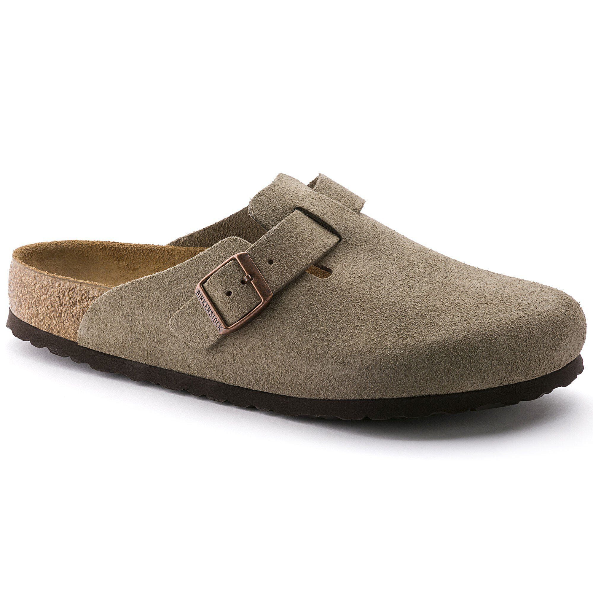 Taupe suede Birkenstock Boston clog with an adjustable buckle strap