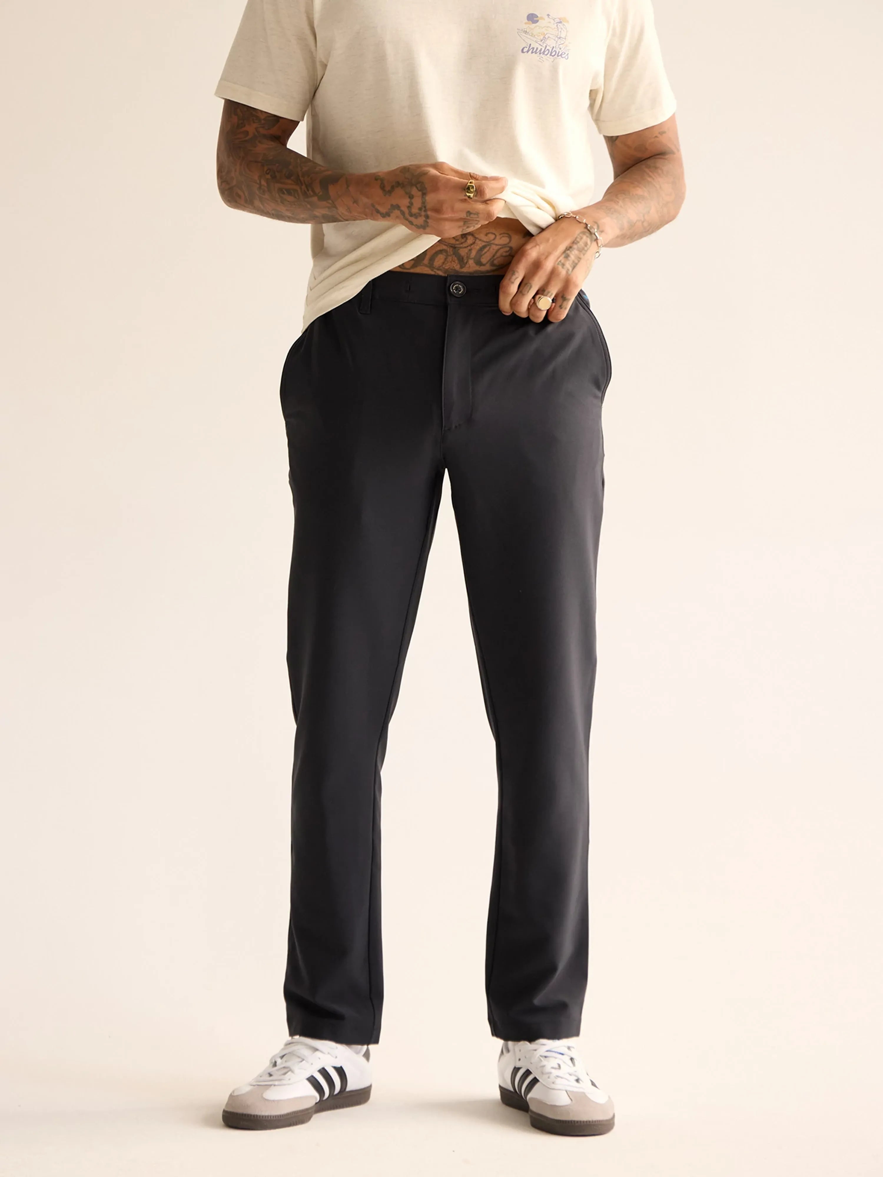 Black Chubbies Midnight Adventures pants with tapered legs, shown on a model